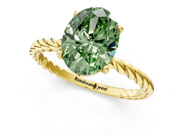 Yellow Gold Oval Solitaire Engagement Ring Setting for Fancy Green Center with Twisted Rope Band