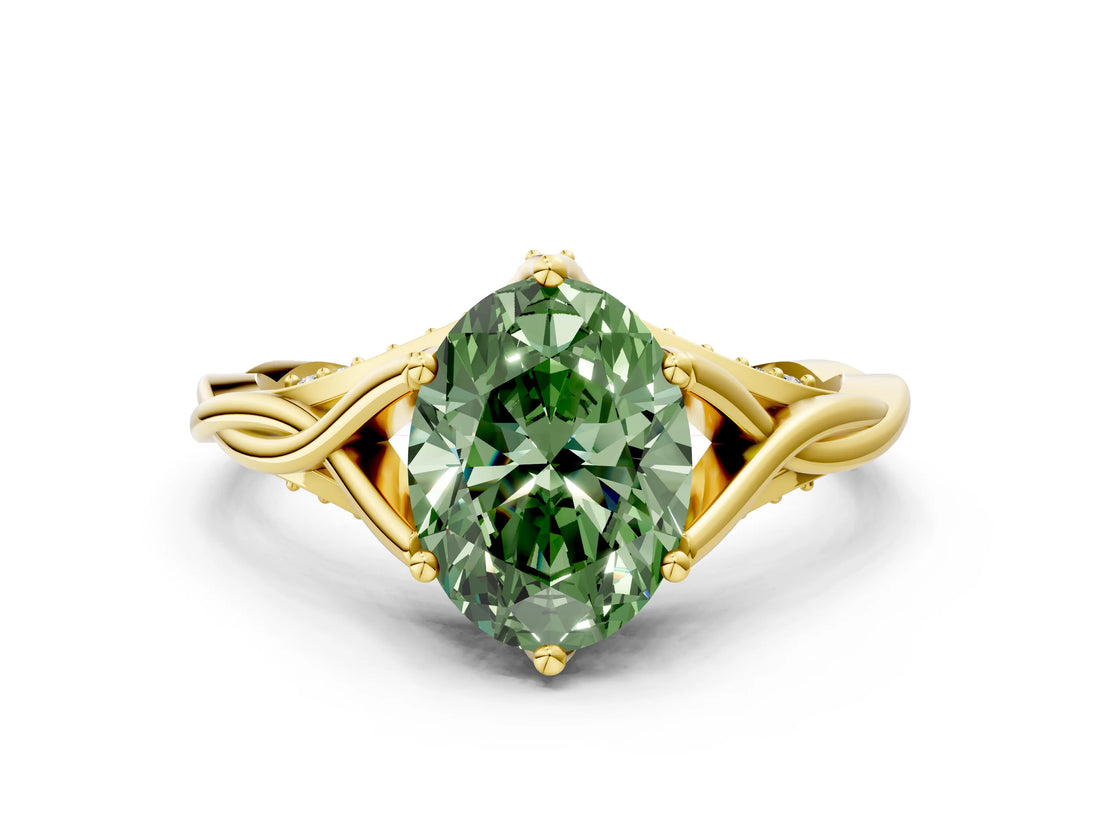 Yellow gold Fancy Green Oval  Solitaire Twist Band Six-Prong Setting 1
