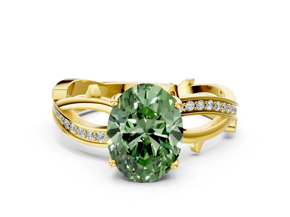Yellow gold Fancy Green Oval  Solitaire Twist Band with Pavé Accents and Four-Prong Setting_20