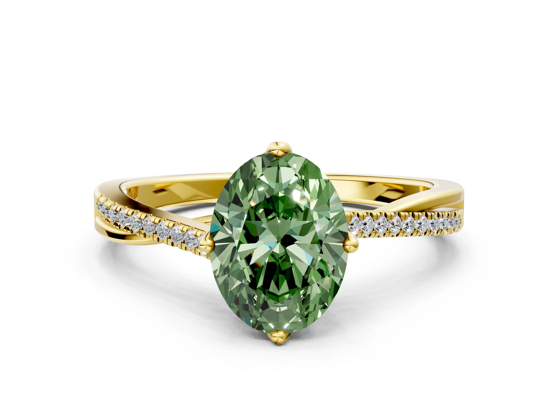 Yellow gold Fancy Green Oval  Solitaire Twist Band with Pavé Diamonds and Four-Prong Setting_84