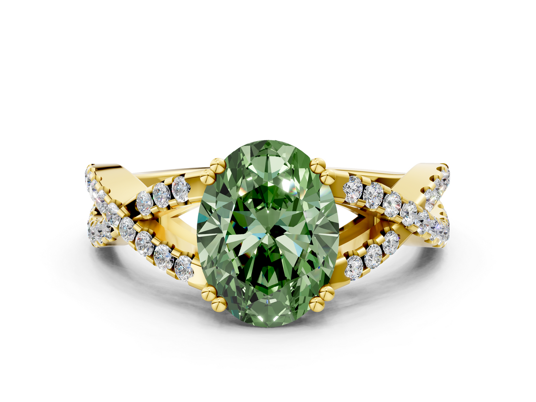 Yellow gold Fancy Green Oval  Solitaire Twist Band with Pavé Setting and Four-Prong Setting_34