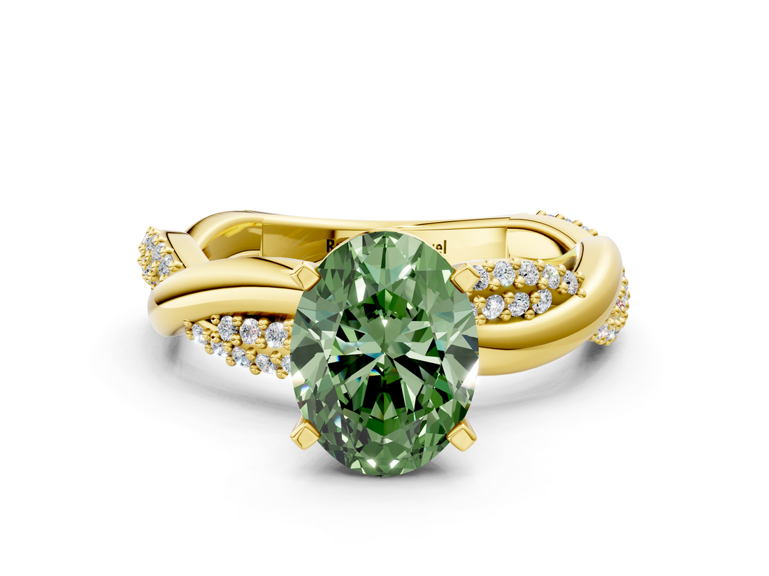 Yellow gold Fancy Green Oval  Solitaire Twist Band with Pave Prong Setting_76