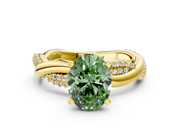 Yellow gold Fancy Green Oval  Solitaire Twist Band with Pave Prong Setting