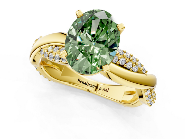 Yellow gold Fancy Green Oval  Solitaire Twist Band with Pave Prong Setting
