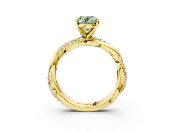 Yellow gold Fancy Green Oval  Solitaire Twist Band with Pave Prong Setting