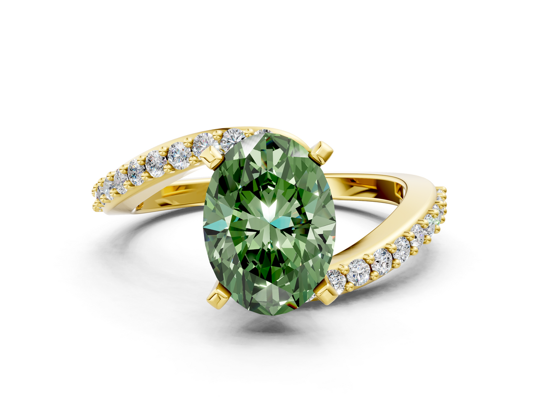 Yellow gold Fancy Green Oval  Solitaire Twist Band with Pave Set Diamonds and Four-Prong Setting_146