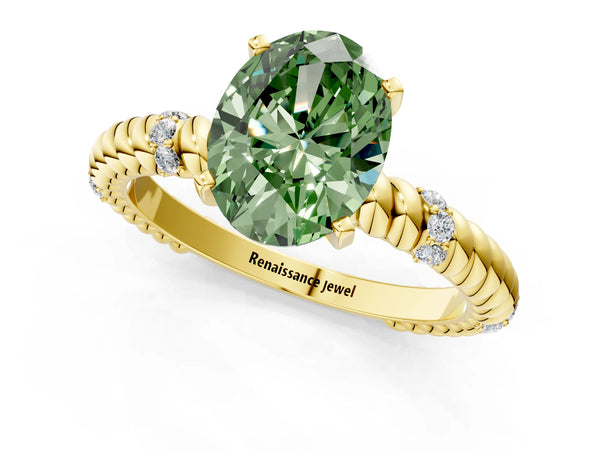 Yellow gold Fancy Green Oval  Solitaire Twisted Band Prong Set Engagement Ring