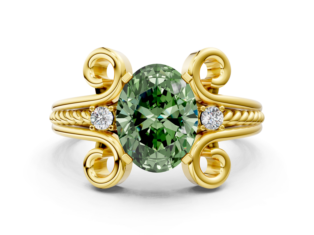Yellow gold Fancy Green Oval  Solitaire Twisted Band Scroll Prong Ring_3