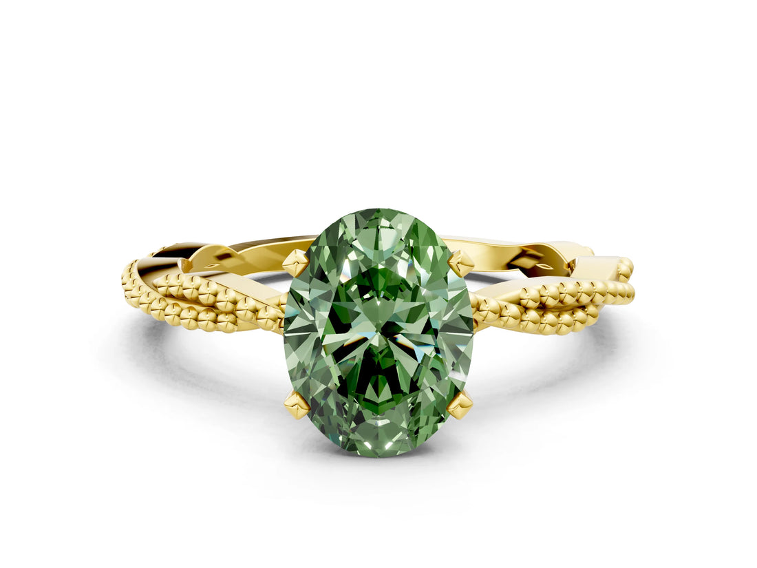 Yellow gold Fancy Green Oval  Solitaire Twisted Band with Bead Prong Setting_379
