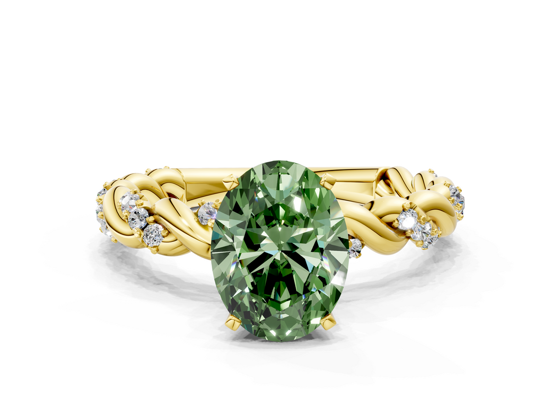 Yellow gold Fancy Green Oval  Solitaire Twisted Band with Pavé Accents and Four-Prong Setting_3