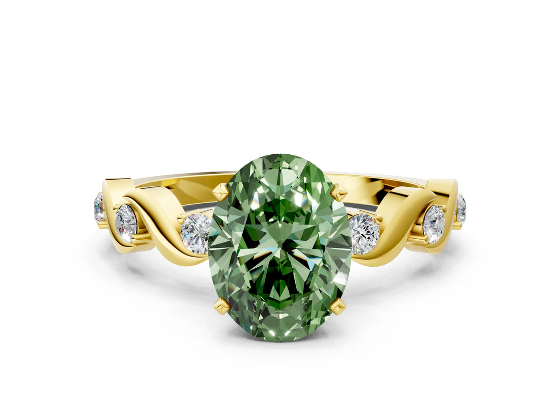 Yellow gold Fancy Green Oval  Solitaire Twisted Band with Prong Setting
