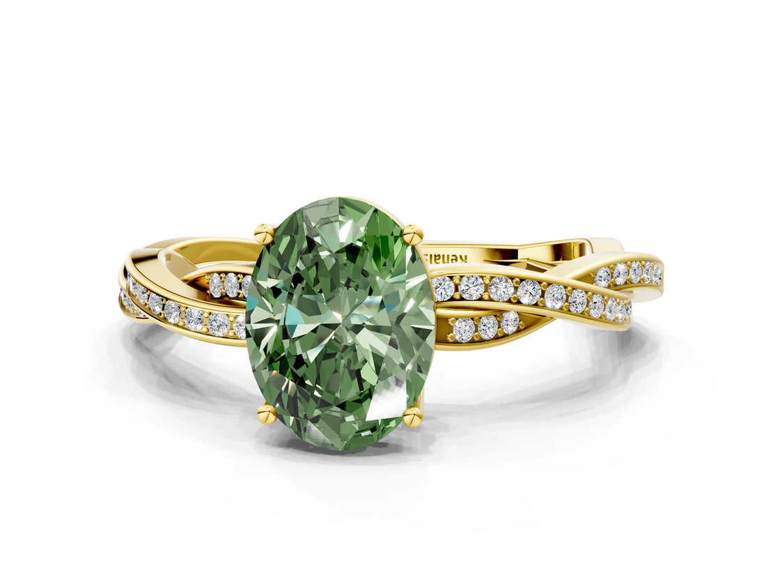 Yellow gold Fancy Green Oval  Solitaire Twisted Pave Diamond Ring with Four-Prong Setting_99