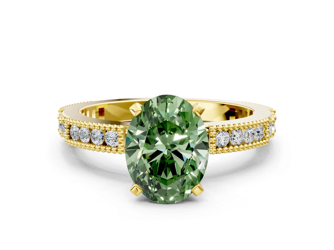 Yellow gold Fancy Green Oval  Solitaire with Pavé Band and Four-Prong Setting_308