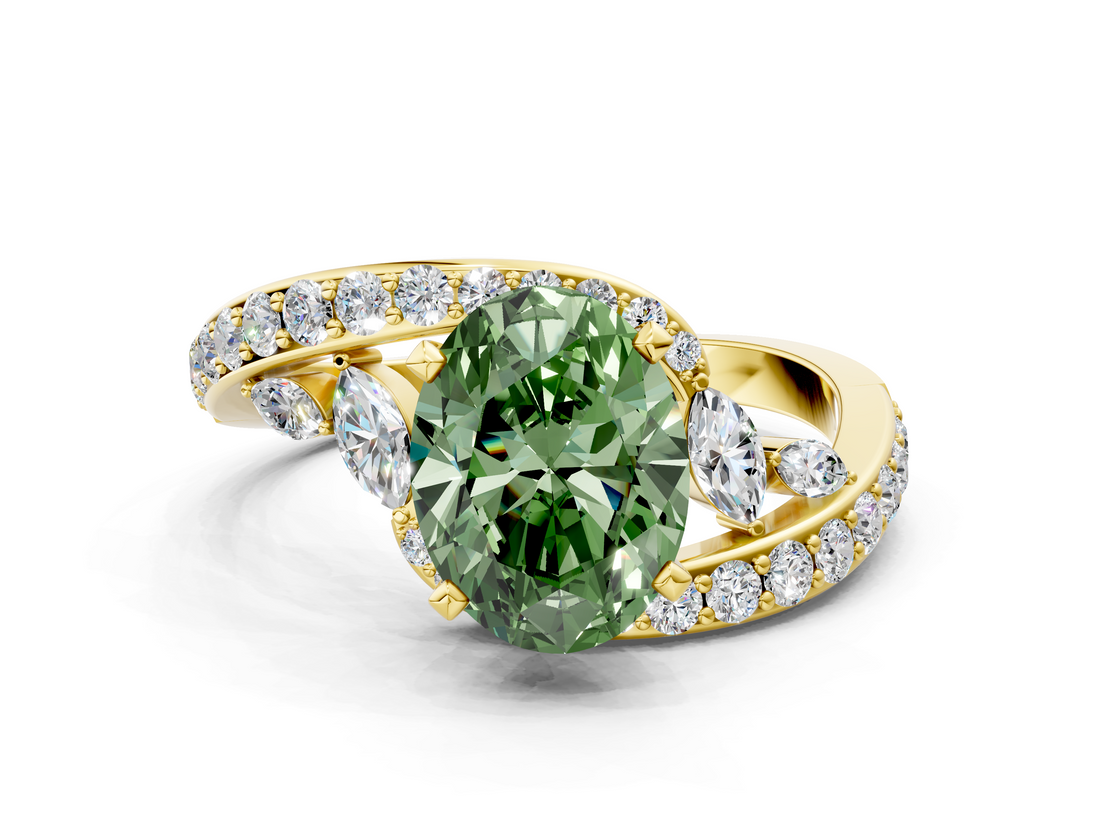 Yellow gold Fancy Green Oval  Solitaire with Pavé Twist Band and Four-Prong Setting_76