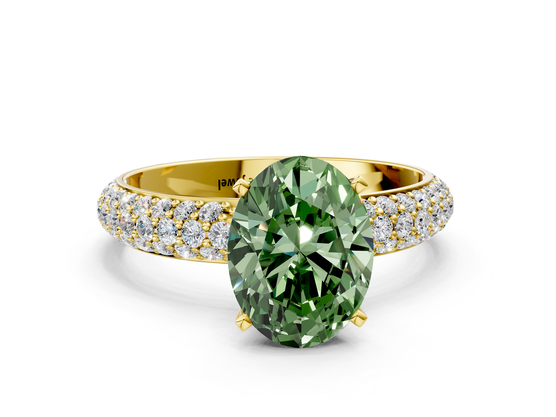 Yellow gold Fancy Green Oval  Solitaire with Pave Band and Four-Prong Setting_3