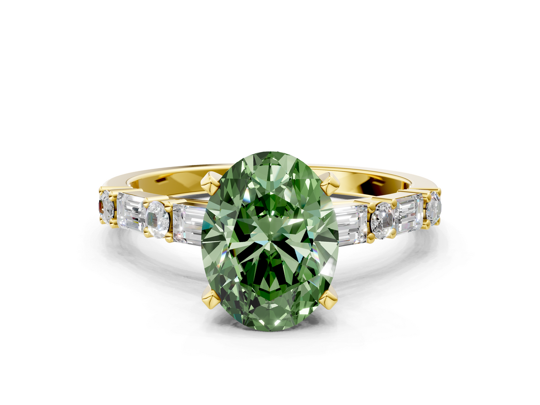 Yellow gold Fancy Green Oval  Solitaire with Side Baguettes and Channel Set Band_45
