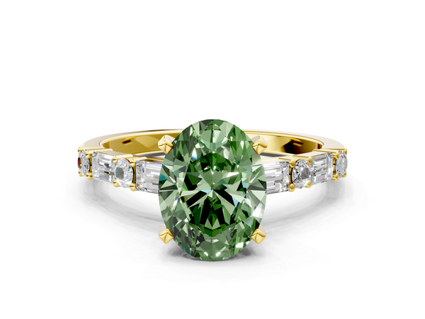 Yellow gold Fancy Green Oval Cut Diamond Solitaire with Side Baguettes and Channel Set Band