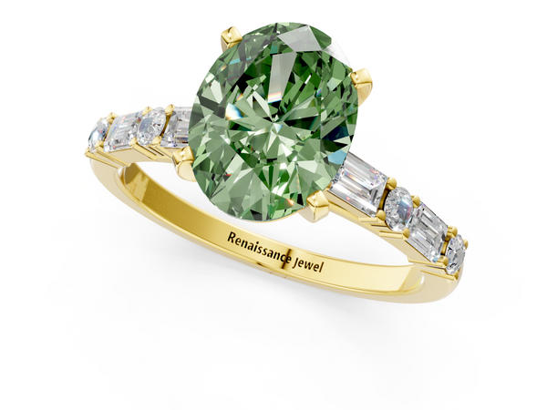 Yellow gold Fancy Green Oval Cut Diamond Solitaire with Side Baguettes and Channel Set Band