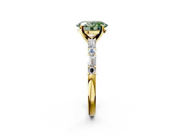Yellow gold Fancy Green Oval Cut Diamond Solitaire with Side Baguettes and Channel Set Band