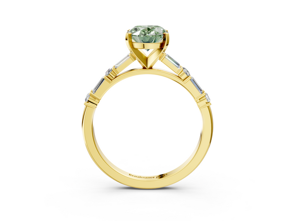 Yellow gold Fancy Green Oval Cut Diamond Solitaire with Side Baguettes and Channel Set Band