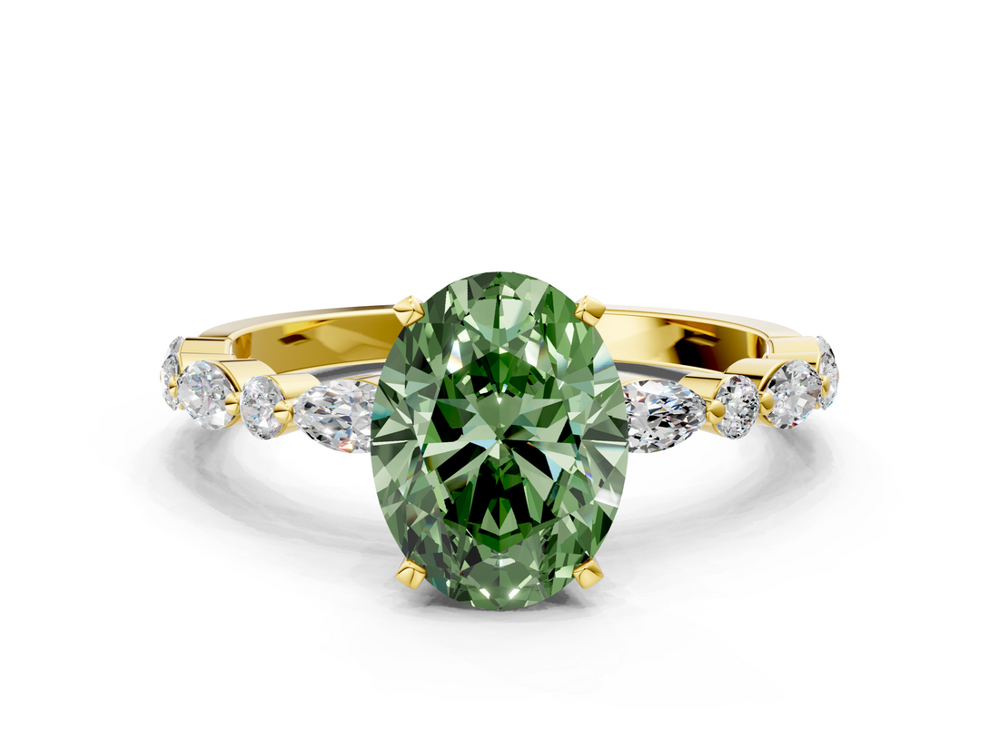 Yellow gold Fancy Green Oval  Solitaire with Side Stones on a Pavé Band and Four-Prong Setting_23