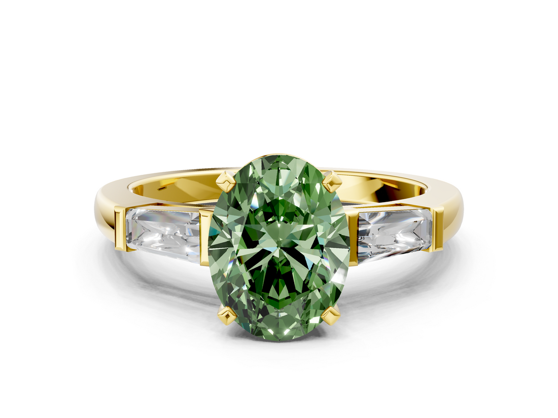 Yellow gold Fancy Green Oval  Solitaire with Tapered Baguette Side Stones on a Classic Band with Four-Prong Setting_105