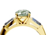 Yellow gold Fancy Green Oval  Solitaire with Tapered Baguette Side Stones on a Classic Band with Four-Prong Setting_109