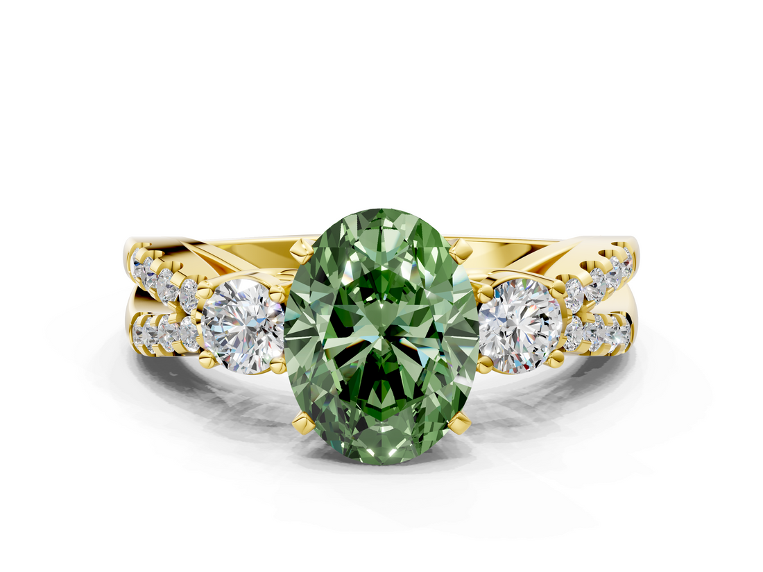 Yellow gold Fancy Green Oval  Three-Stone Diamond Ring with Pavé Split Shank and Four-Prong Setting_62