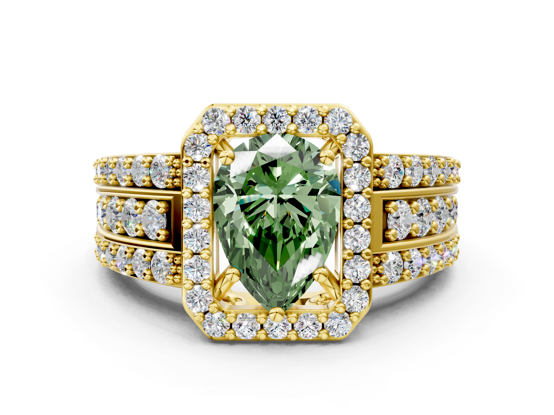 Yellow gold Fancy Green Pear -Cut Halo Diamond Ring with Split Shank and Four-Prong Setting_101