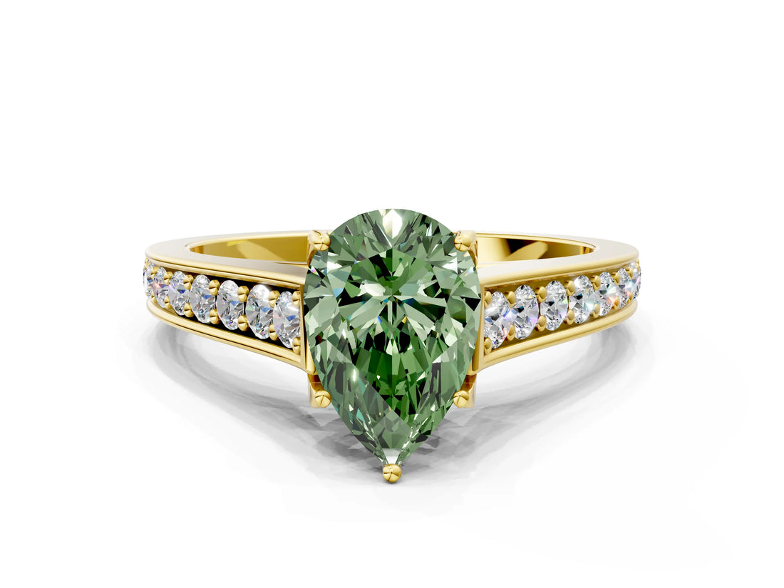 Yellow gold Fancy Green Pear  Brilliant Cut Diamond Engagement Ring with Pavé Band and Four-Prong Setting_49