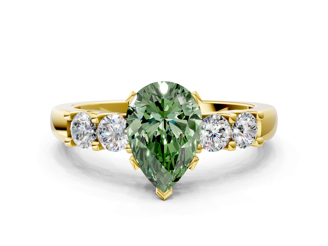 Yellow gold Fancy Green Pear  Brilliant Cut Diamond Five-Stone Prong Set Engagement Ring with Channel Band_3