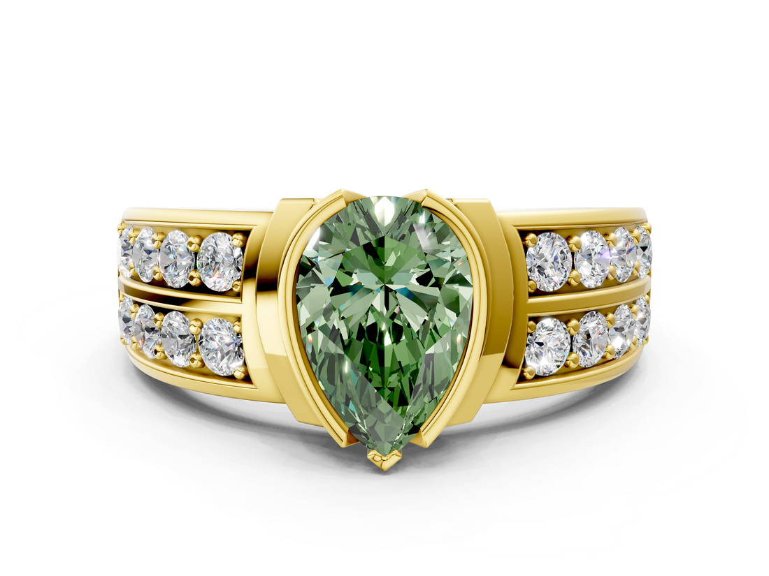 Yellow gold Fancy Green Pear  Brilliant Diamond Channel Set Wide Band Ring with Bezel Setting_20