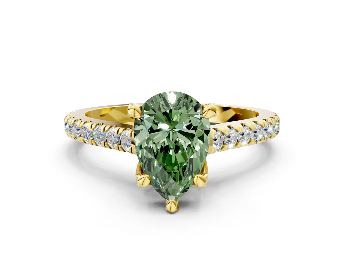 Yellow gold Fancy Green Pear  Brilliant Diamond Solitaire with Pavé Band and Four-Prong Setting