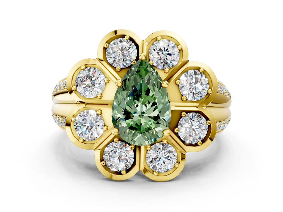 Yellow gold Fancy Green Pear  Brilliant Flower Halo Diamond Split Shank Ring_27