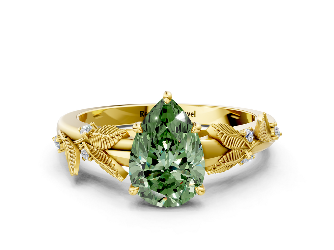 Yellow gold Fancy Green Pear  Brilliant Solitaire with Leaf Motif Band and Four-Prong Setting_62