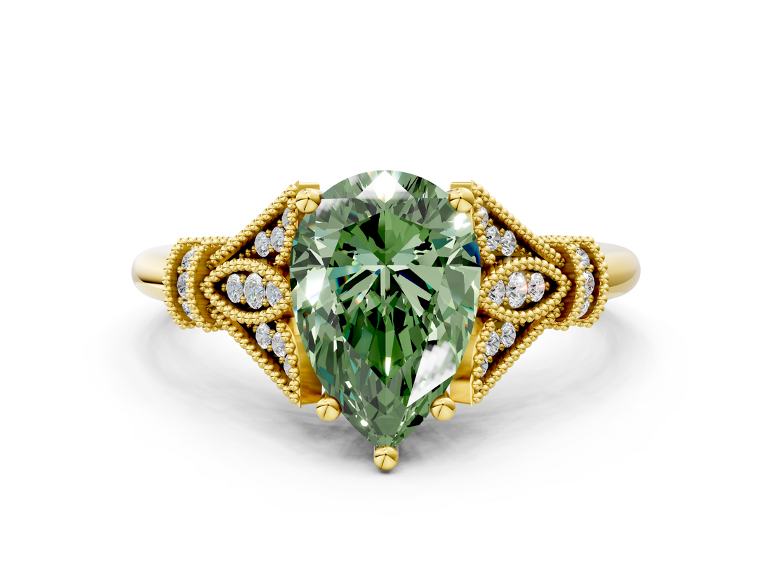 Yellow gold Fancy Green Pear  Brilliant Solitaire with Pave Band and Four-Prong Setting_20