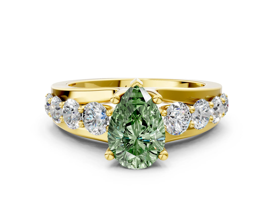 Yellow gold Fancy Green Pear  Brilliant Solitaire with Side Stones on a Pave Band and Four-Prong Setting_24