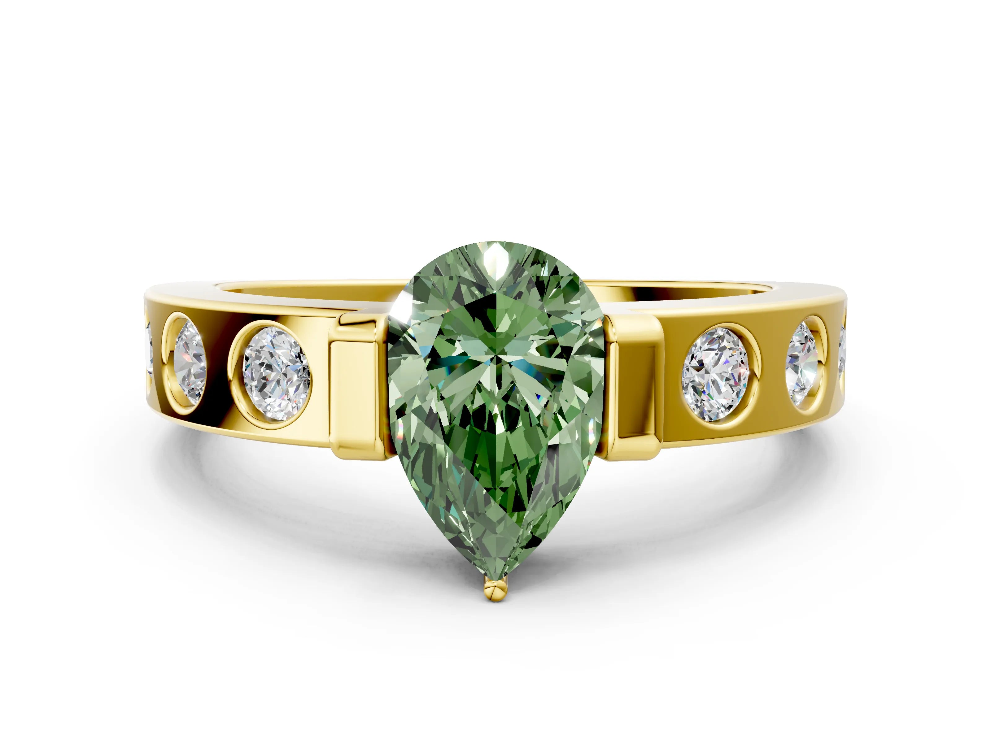 Yellow gold Fancy Green Pear Cut Brilliant Channel-Set Diamond Ring with Bezel Prong Setting