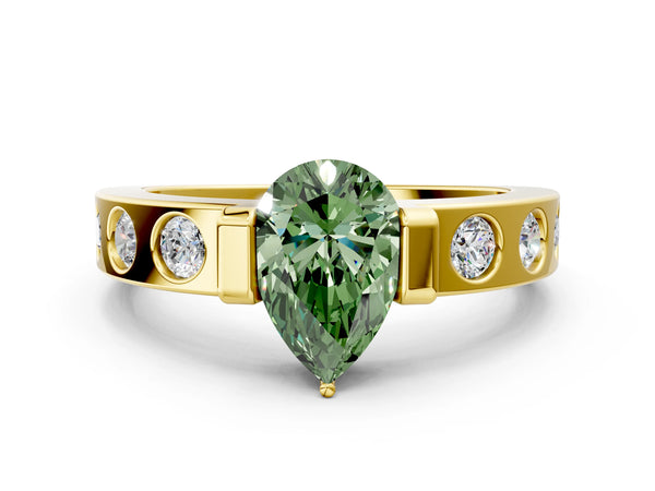 Yellow gold Fancy Green Pear Cut Brilliant Channel-Set Diamond Ring with Bezel Prong Setting