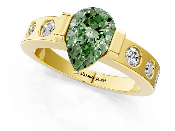 Yellow gold Fancy Green Pear Cut Brilliant Channel-Set Diamond Ring with Bezel Prong Setting