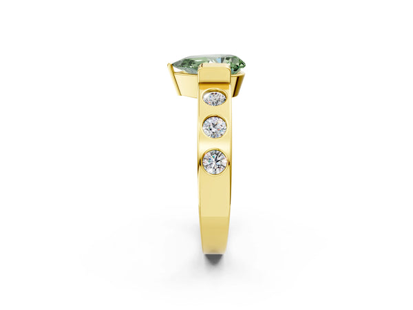 Yellow gold Fancy Green Pear Cut Brilliant Channel-Set Diamond Ring with Bezel Prong Setting
