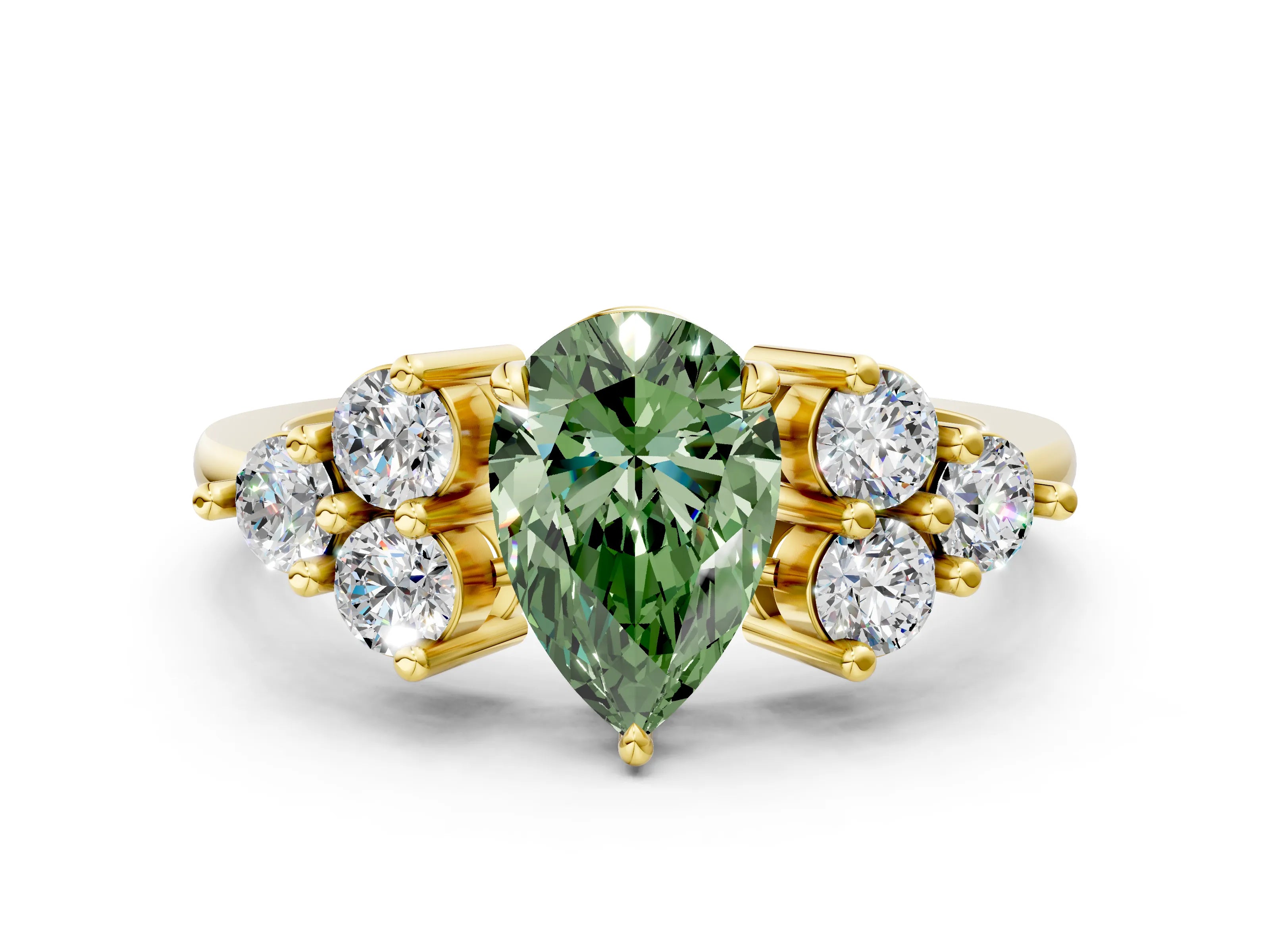Yellow gold Fancy Green Pear Cut Brilliant Diamond Cluster Accent Solitaire Ring with Prong Setting
