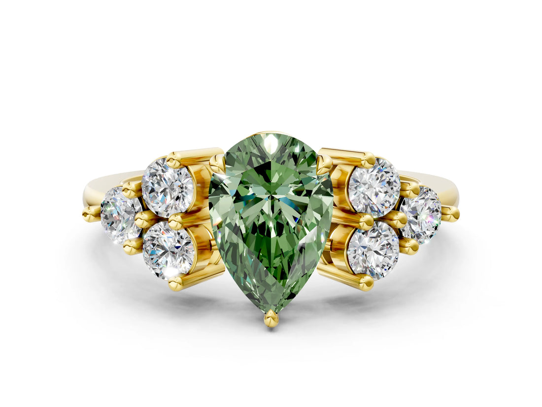 Yellow gold Fancy Green Pear Cut Brilliant Diamond Cluster Accent Solitaire Ring with Prong Setting