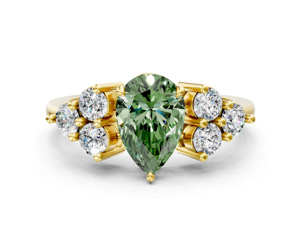 Yellow gold Fancy Green Pear Cut Brilliant Diamond Cluster Accent Solitaire Ring with Prong Setting