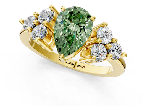 Yellow gold Fancy Green Pear Cut Brilliant Diamond Cluster Accent Solitaire Ring with Prong Setting_1