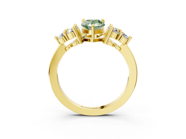 Yellow gold Fancy Green Pear Cut Brilliant Diamond Cluster Accent Solitaire Ring with Prong Setting