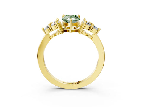 Yellow gold Fancy Green Pear Cut Brilliant Diamond Cluster Accent Solitaire Ring with Prong Setting_3