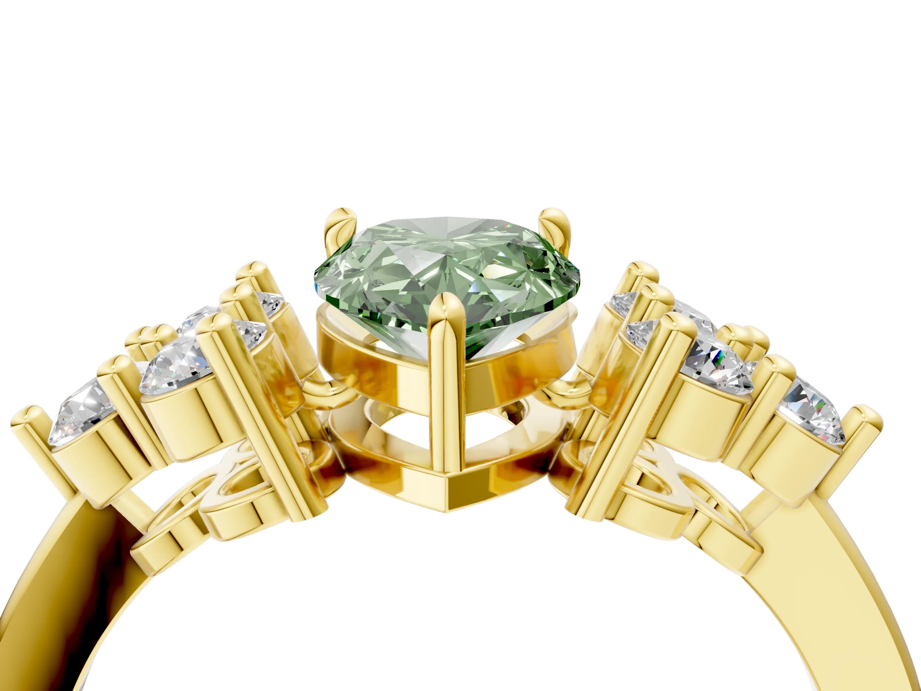 Yellow gold Fancy Green Pear Cut Brilliant Diamond Cluster Accent Solitaire Ring with Prong Setting_4