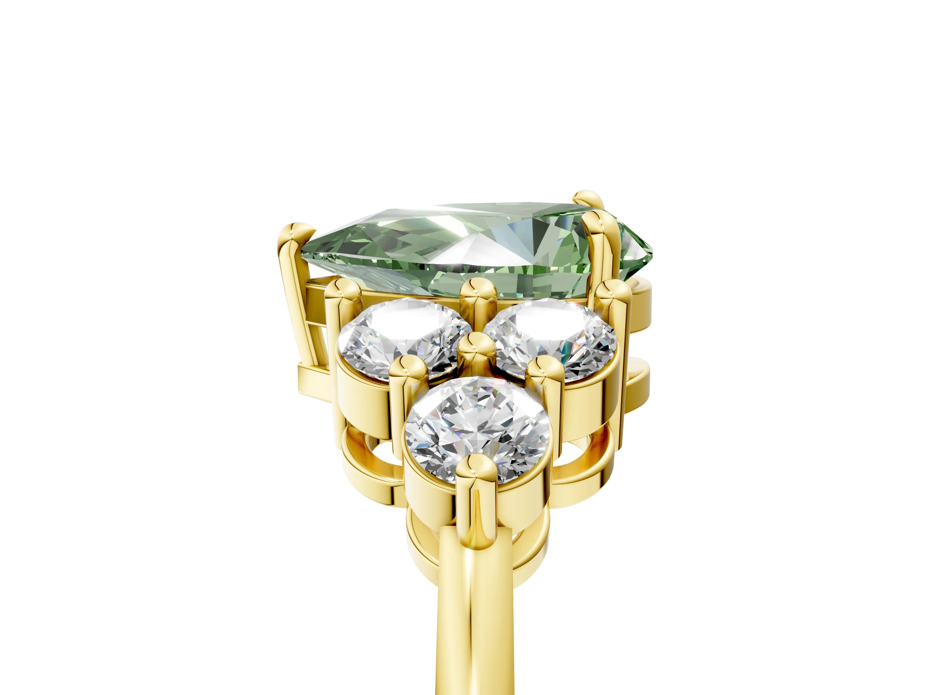 Yellow gold Fancy Green Pear Cut Brilliant Diamond Cluster Accent Solitaire Ring with Prong Setting_5