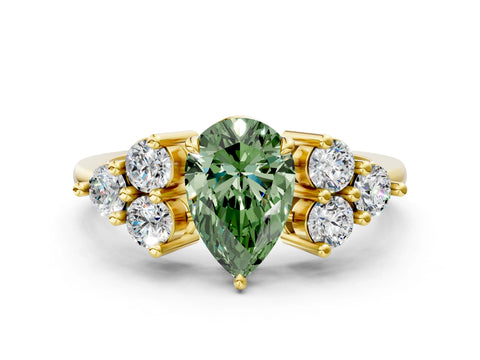 Yellow gold Fancy Green Pear Cut Brilliant Diamond Cluster Accent Solitaire Ring with Prong Setting